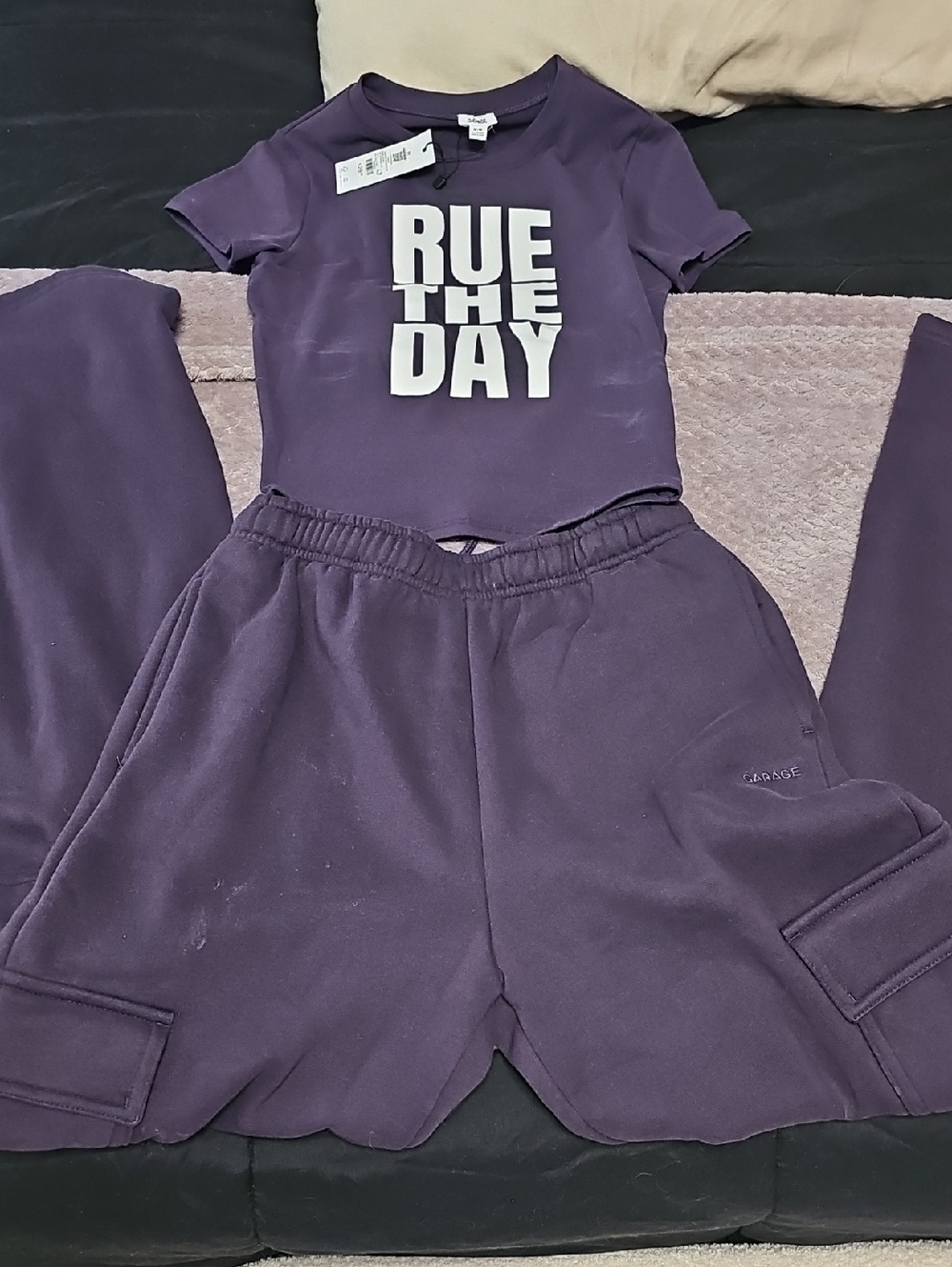 Purple 'RUE THE DAY' Crop Tee and Matching Cargo Pant Set